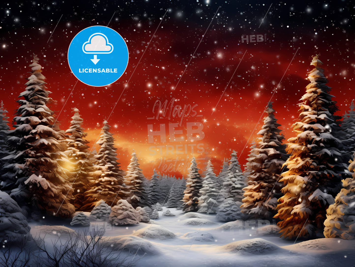 A Snowy Landscape With Trees And A Red Sky