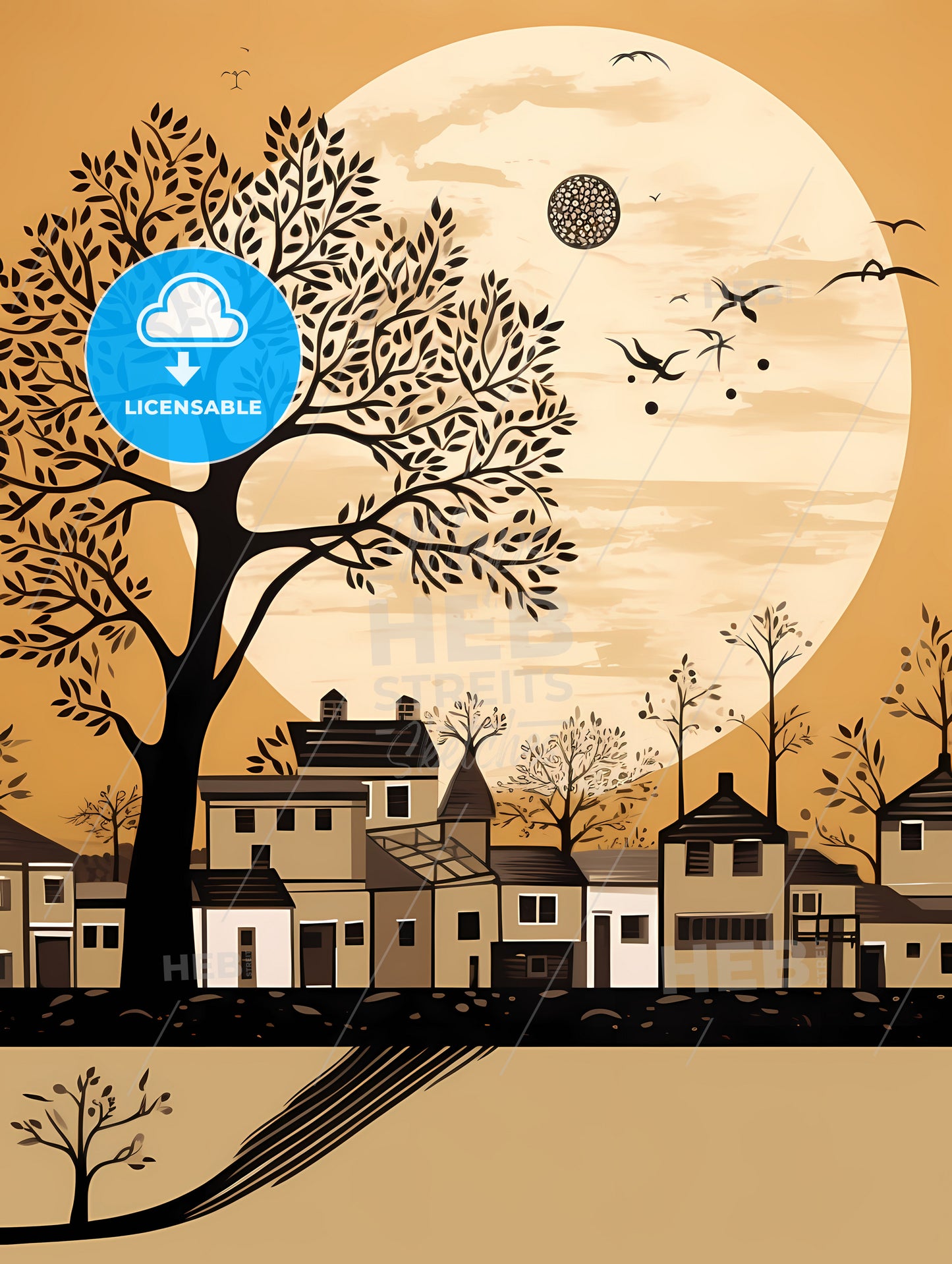 A Painting Of A Town With Trees And Birds Flying In The Sky