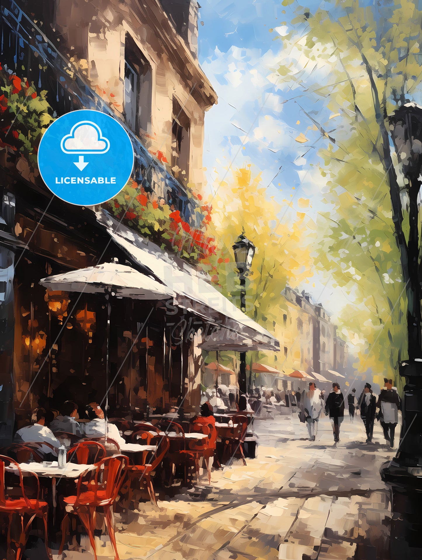 A Street With Tables And Chairs And People Walking On A Sunny Day