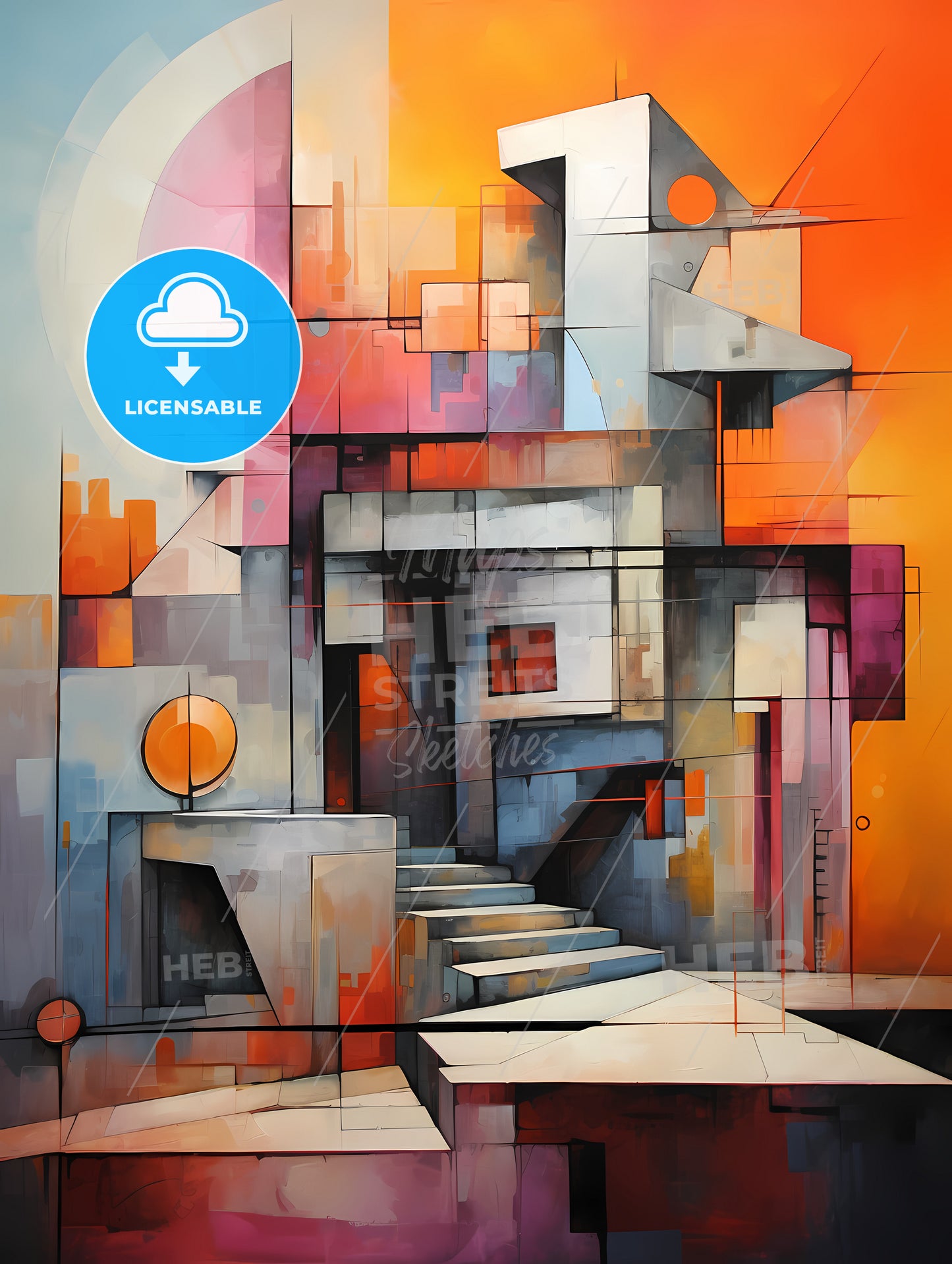 A Painting Of A Building With Stairs And A Sun