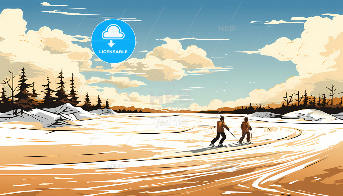 A Couple Of People Skiing In A Snowy Field