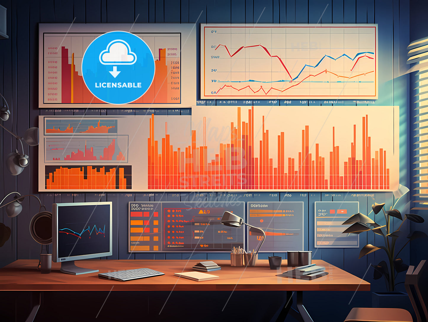 A Desk With A Computer And A Chart On It
