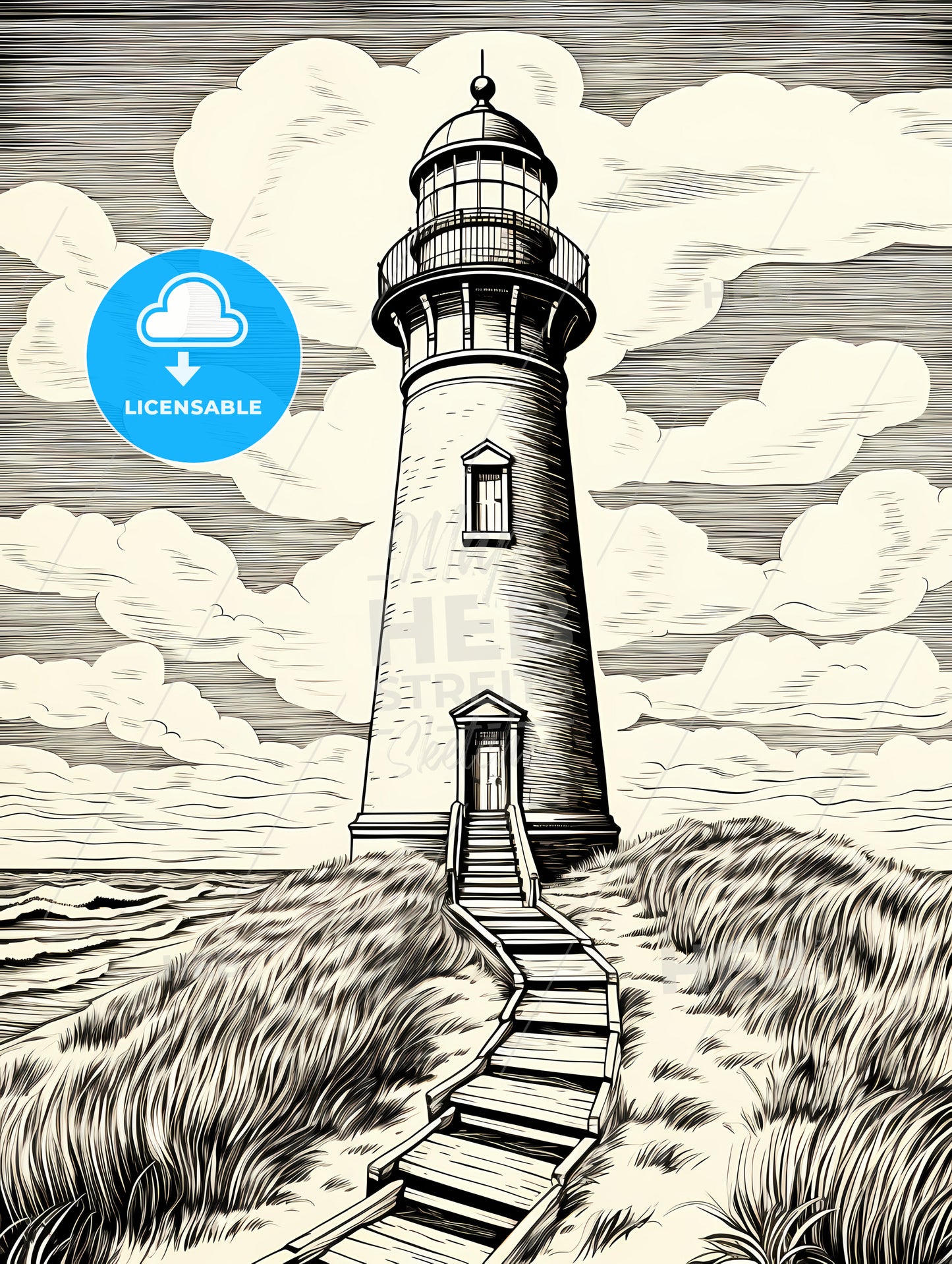 A Lighthouse With Stairs Leading To The Ocean