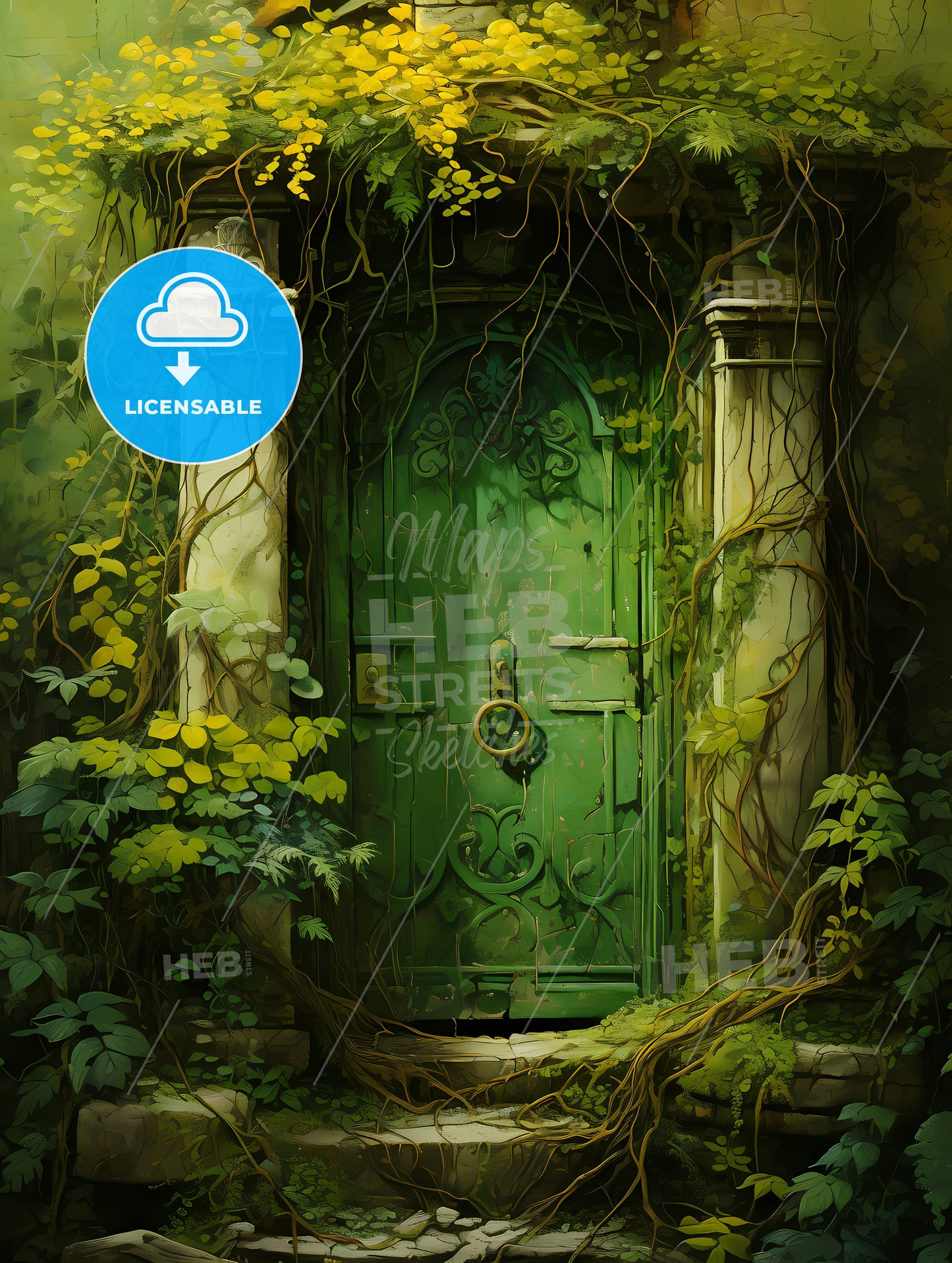 A Green Door With Vines Growing On It