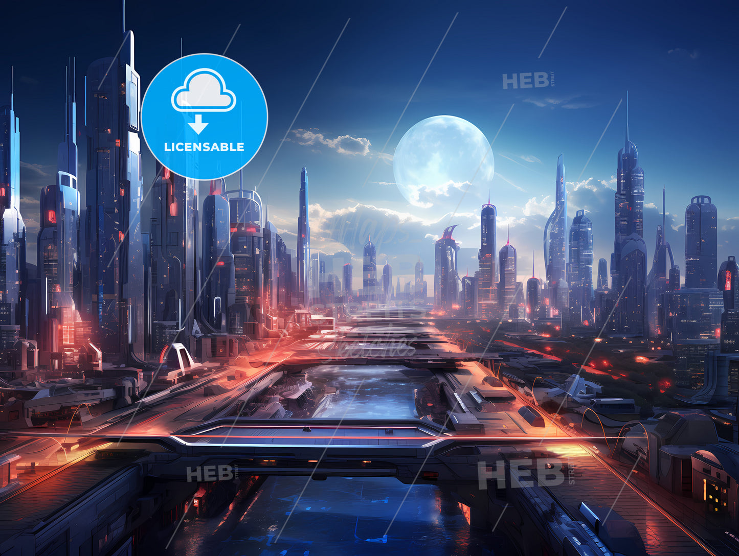 A City With A River And A Large Moon