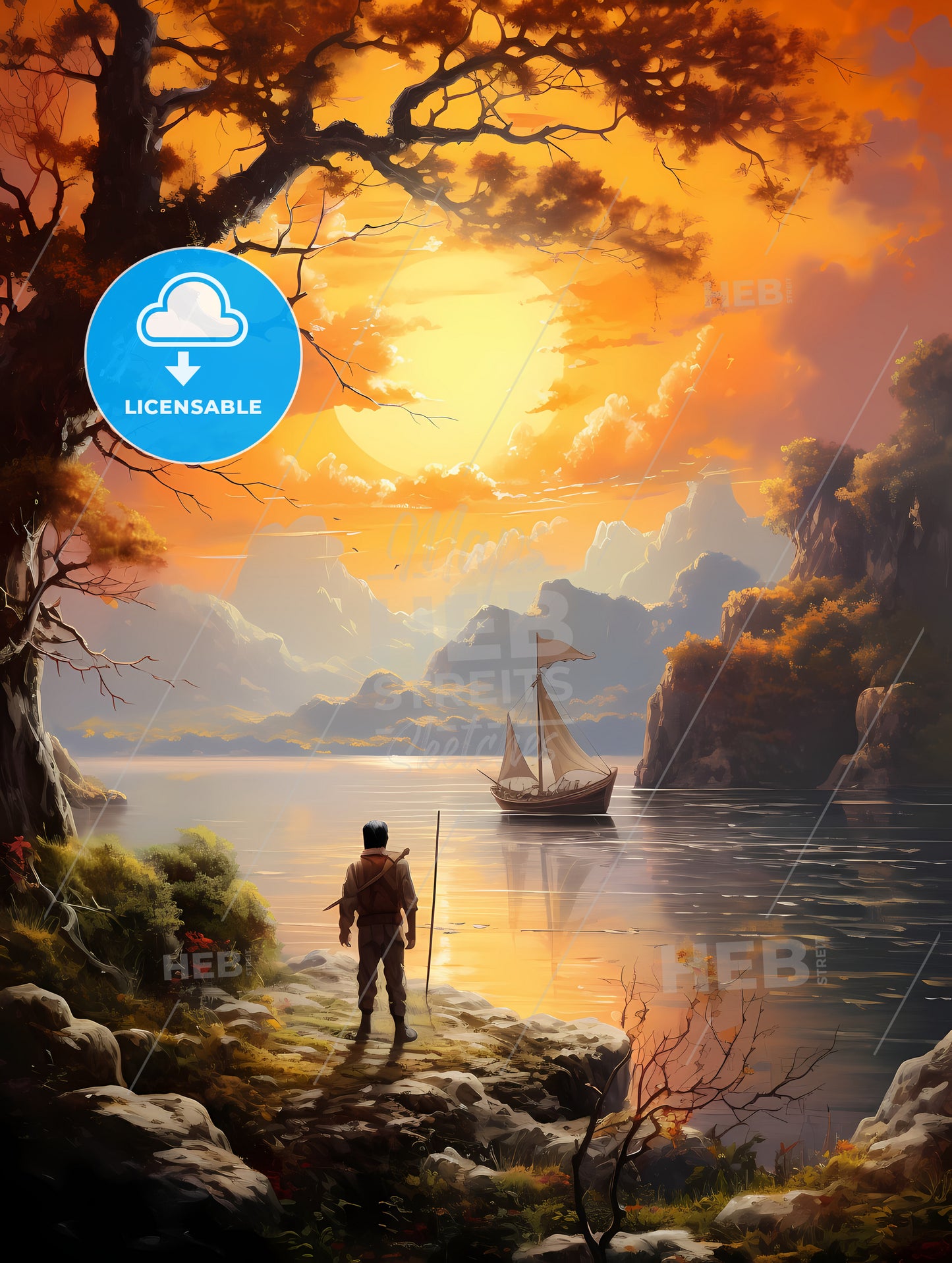 A Man Standing On A Rocky Shore Looking At A Boat