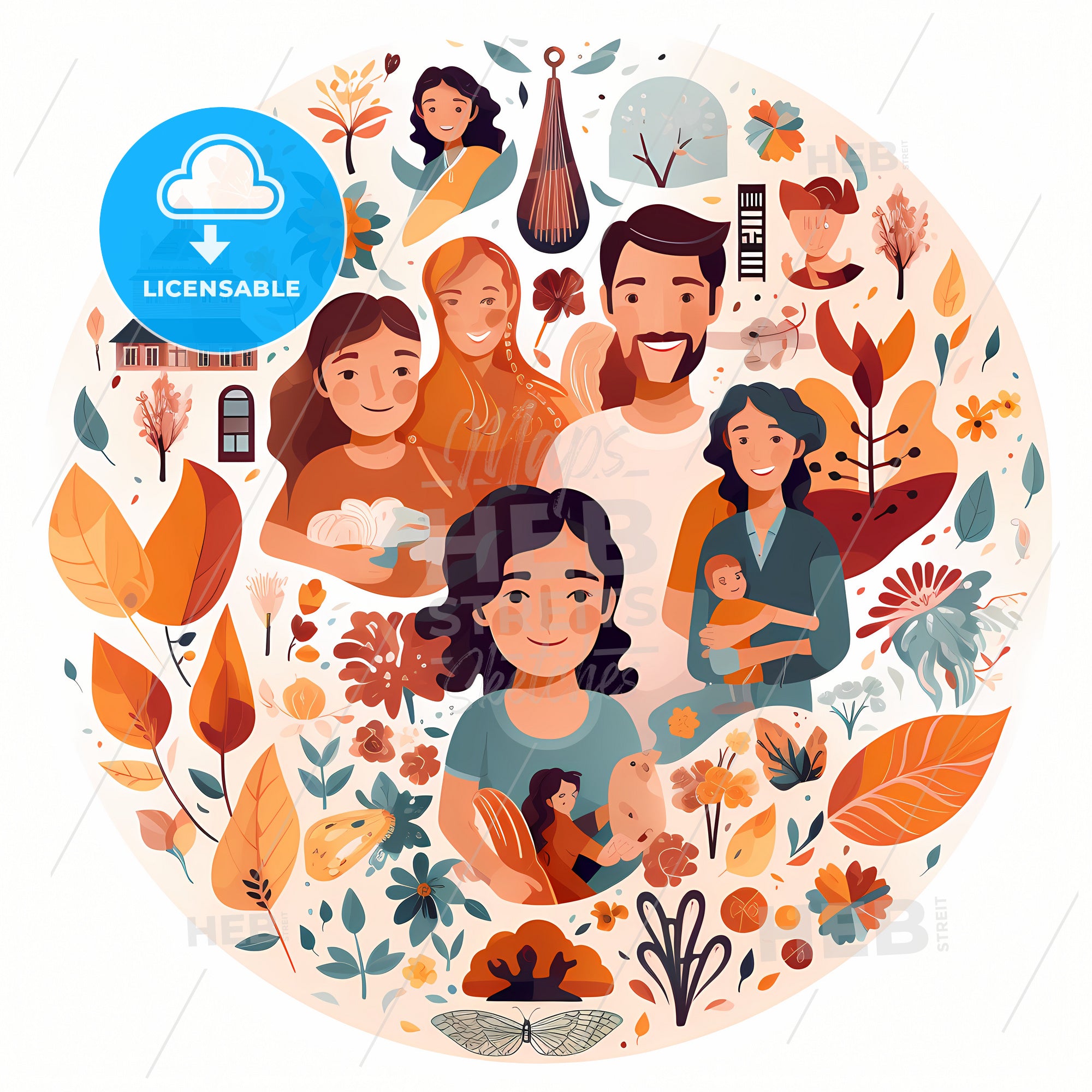 A Circle With People And Flowers - HEBSTREITS Stock Image