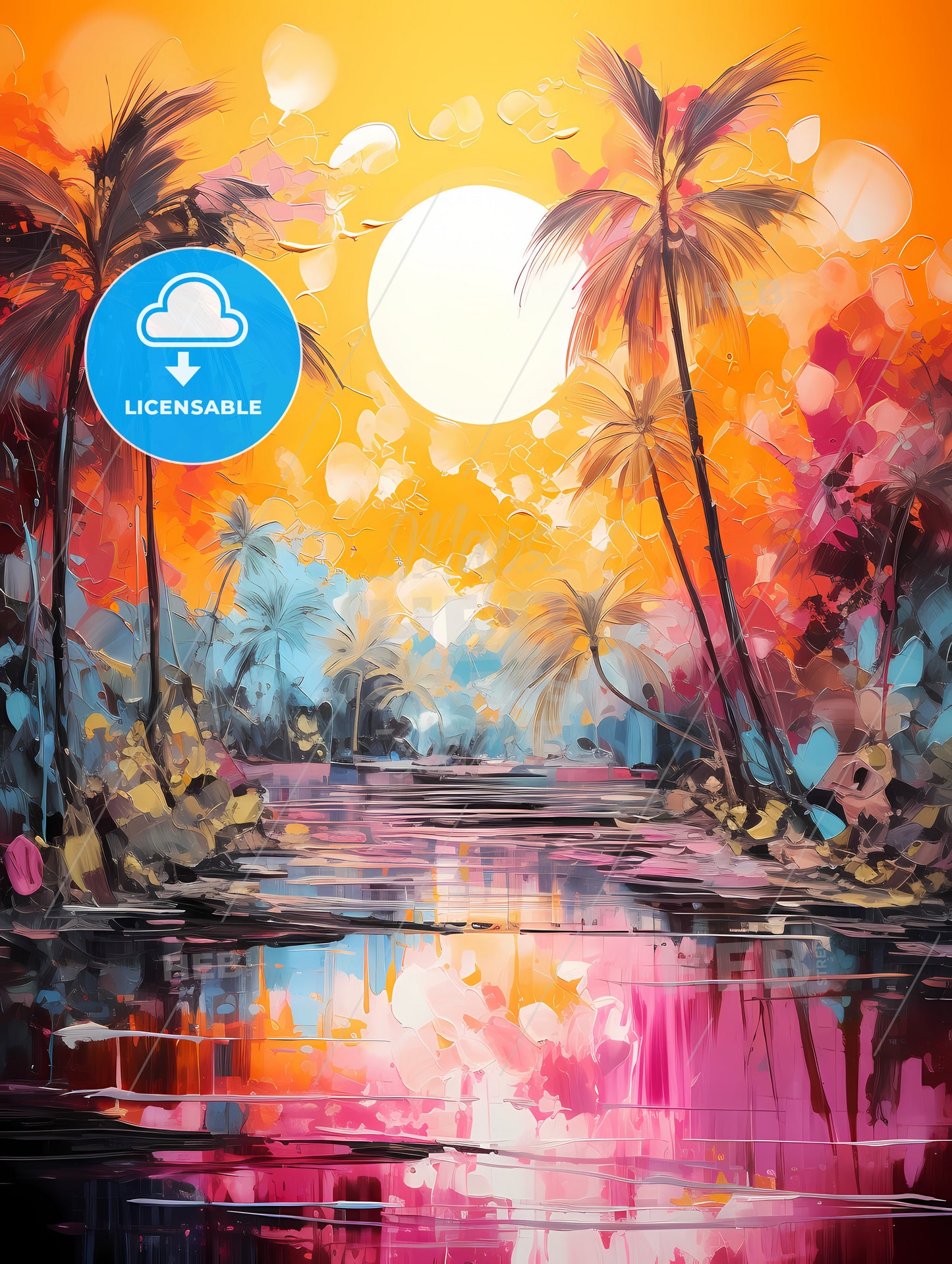 A Painting Of A Tropical Beach With Palm Trees And A Sunset