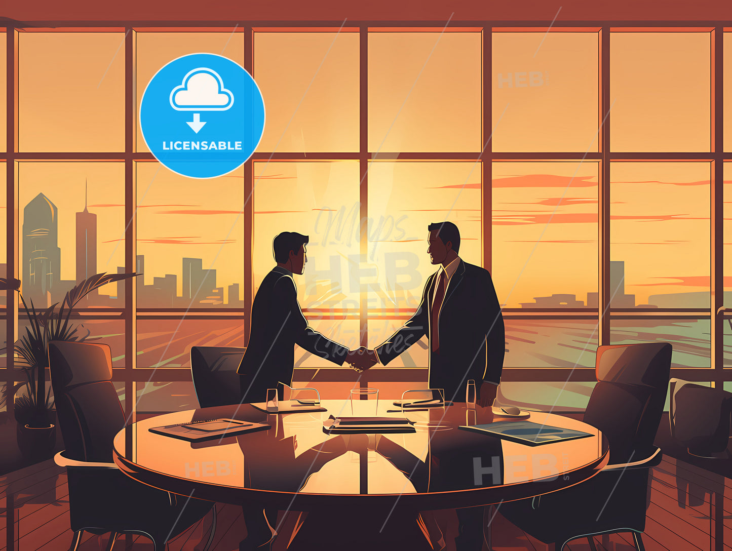 Two Men Shaking Hands In A Room With Large Windows