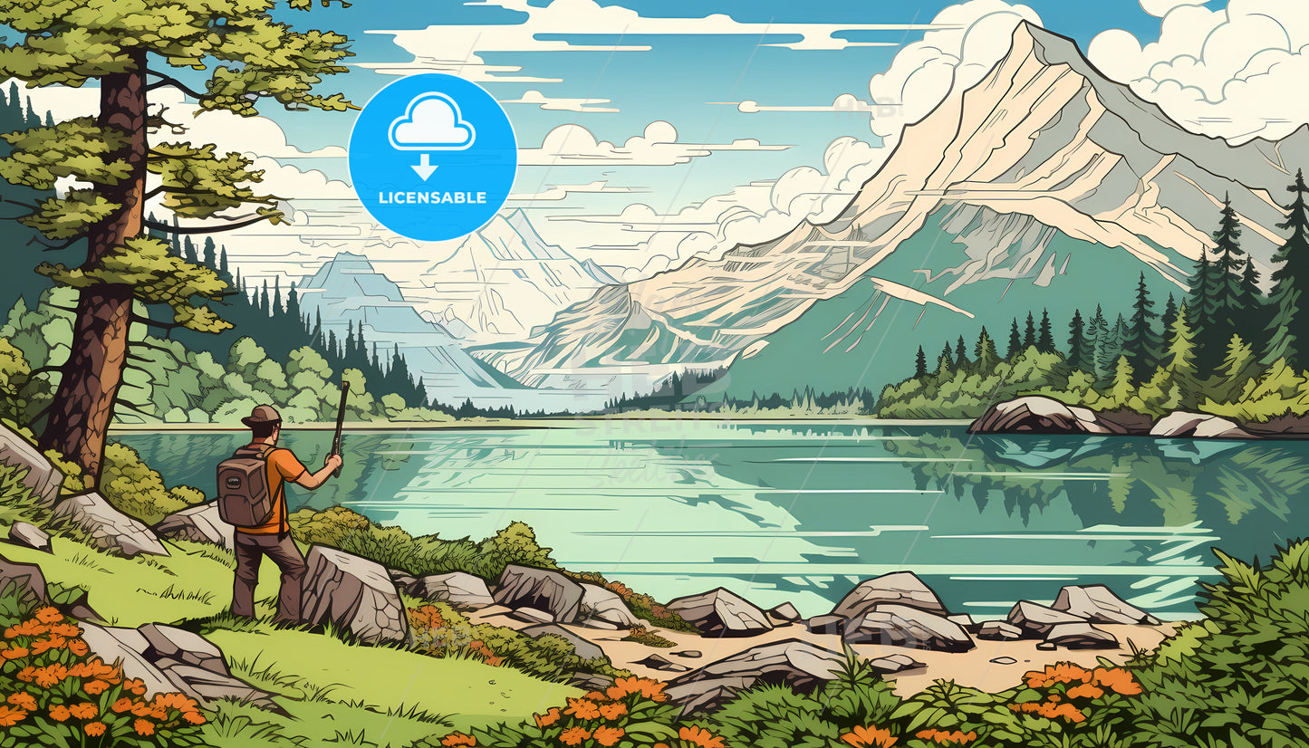 A Cartoon Of A Man Standing On A Rocky Shore By A Lake