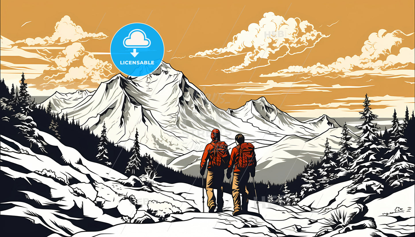 Two People Hiking In The Mountains