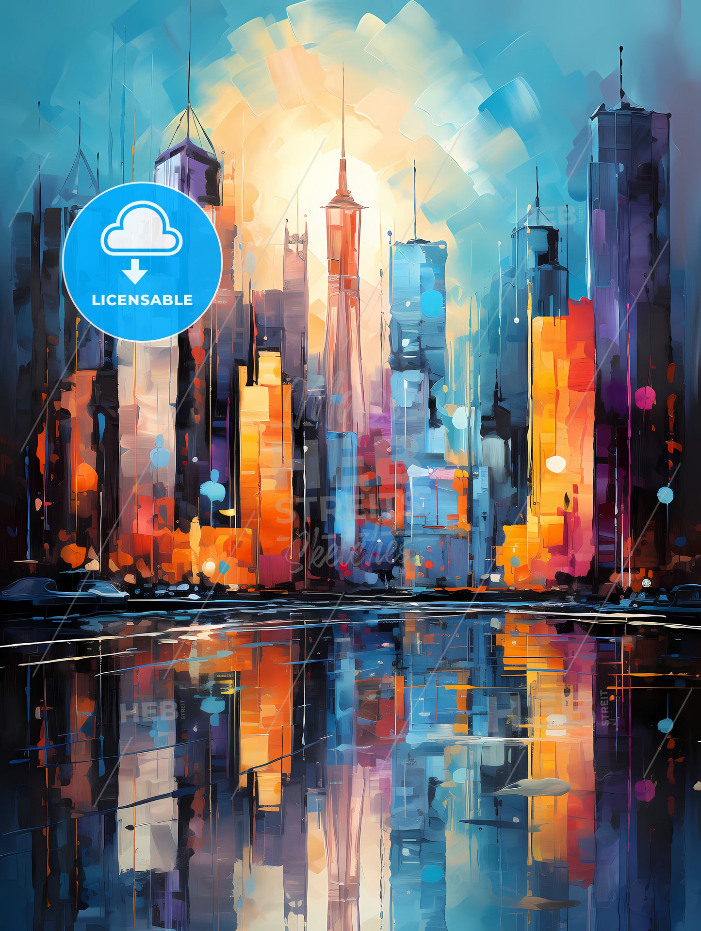 A Painting Of A City With A Reflection Of The Sun