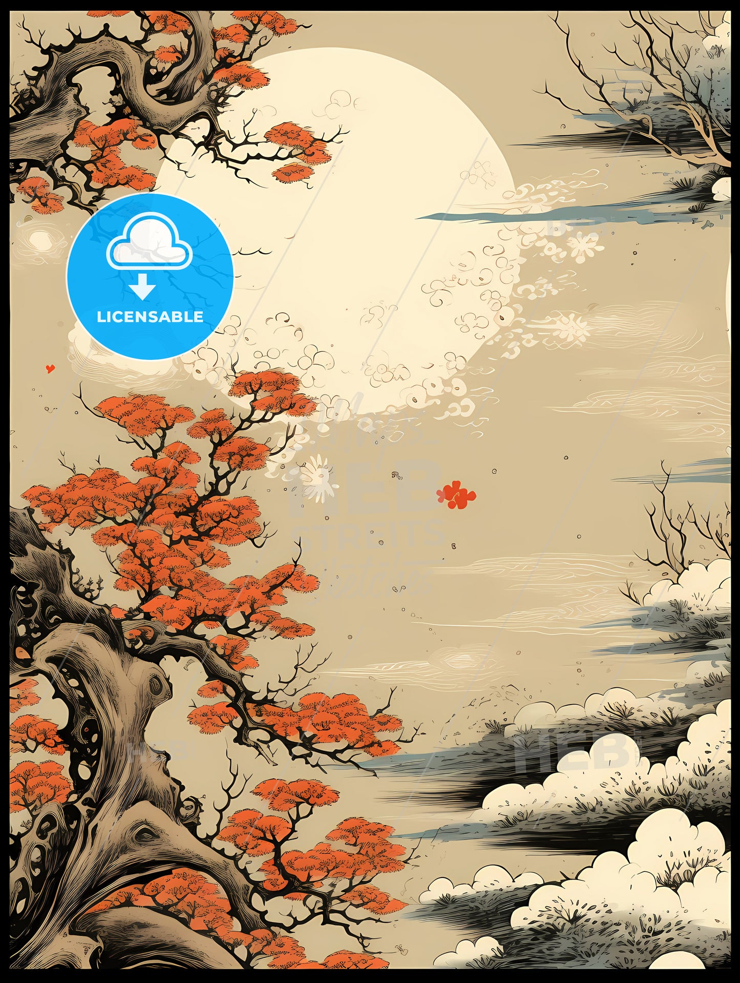 A Tree With Orange Flowers And Clouds