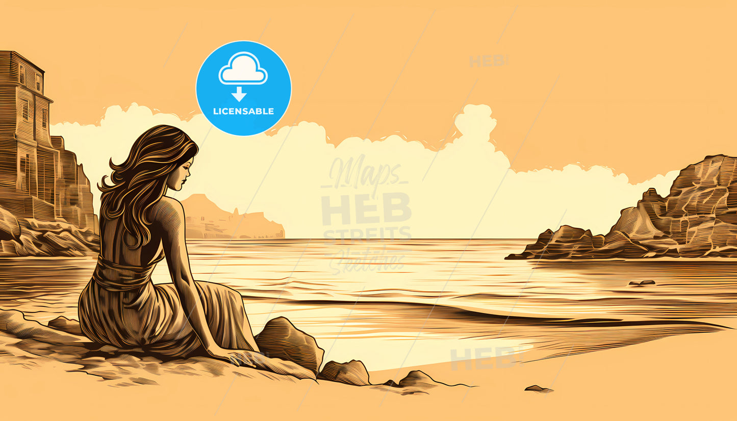 A Woman Sitting On A Rock By The Water