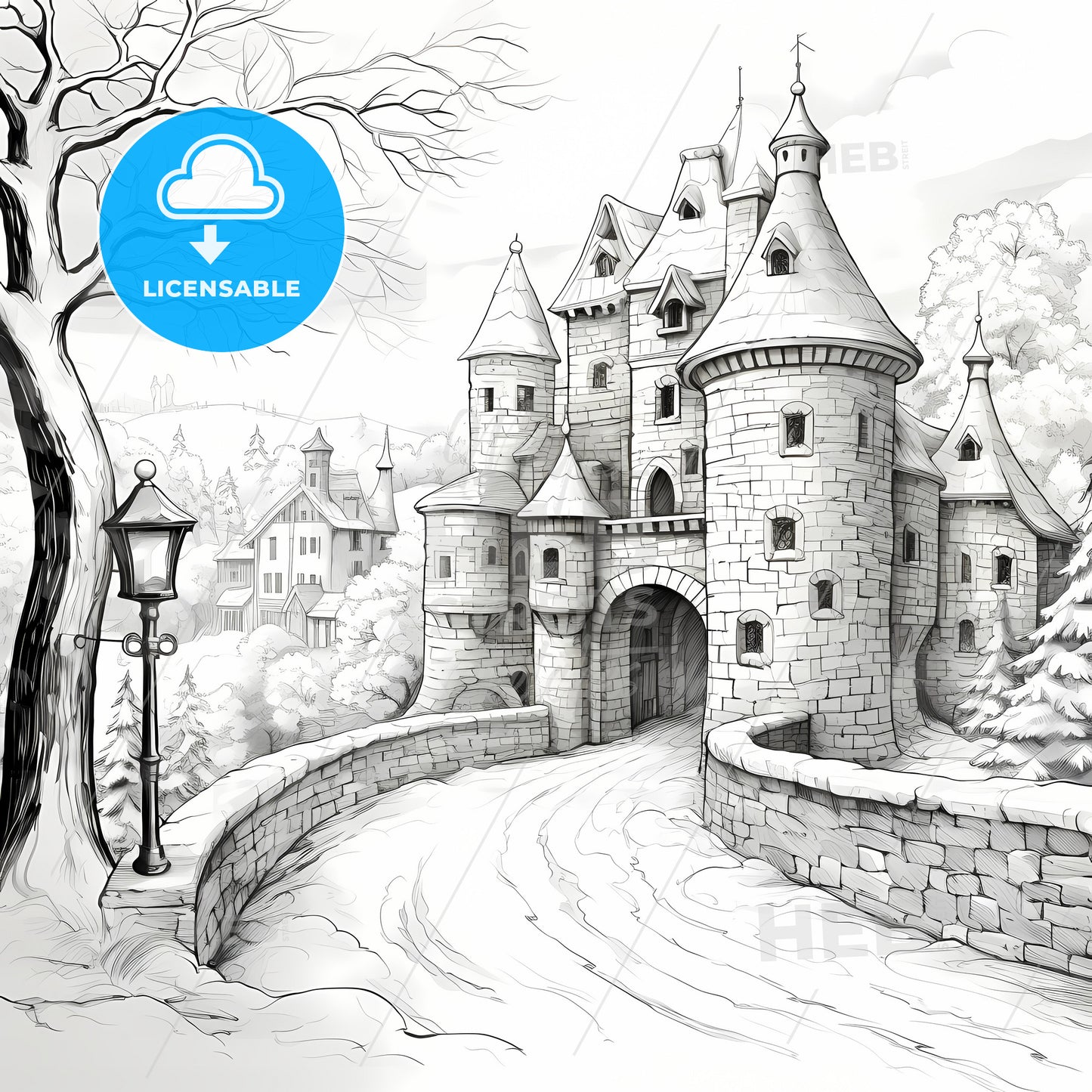 A Castle With A Bridge And Trees