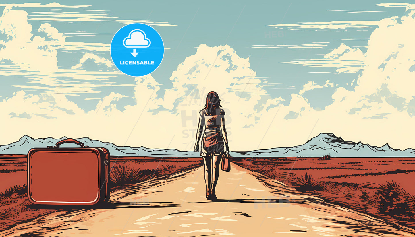 A Woman Walking On A Road With A Suitcase