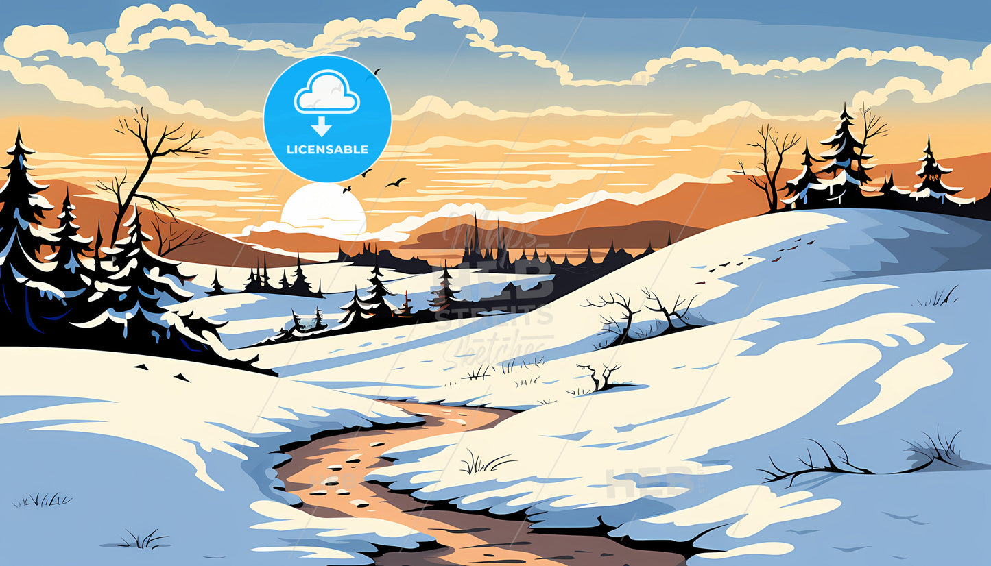 A Snowy Landscape With A River And Trees