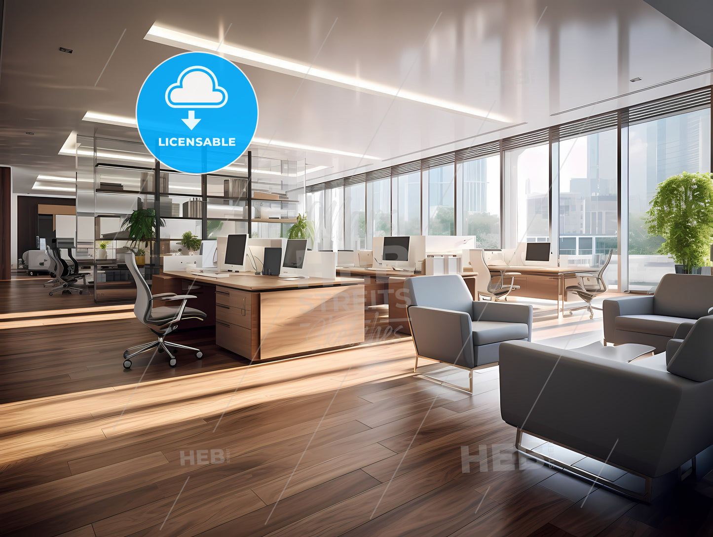 A Room With A Large Window And A Desk With Computers