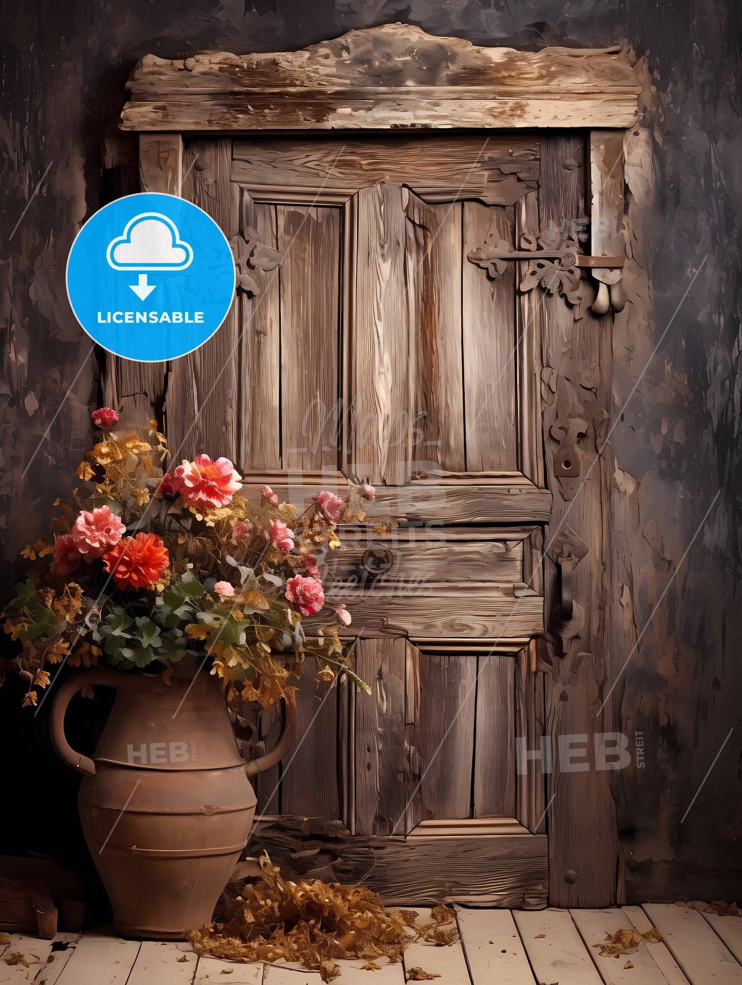 A Vase Of Flowers In Front Of A Door