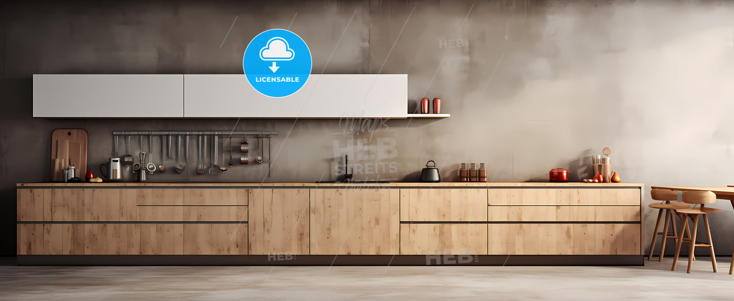 A Kitchen With Wooden Cabinets And A White Shelf