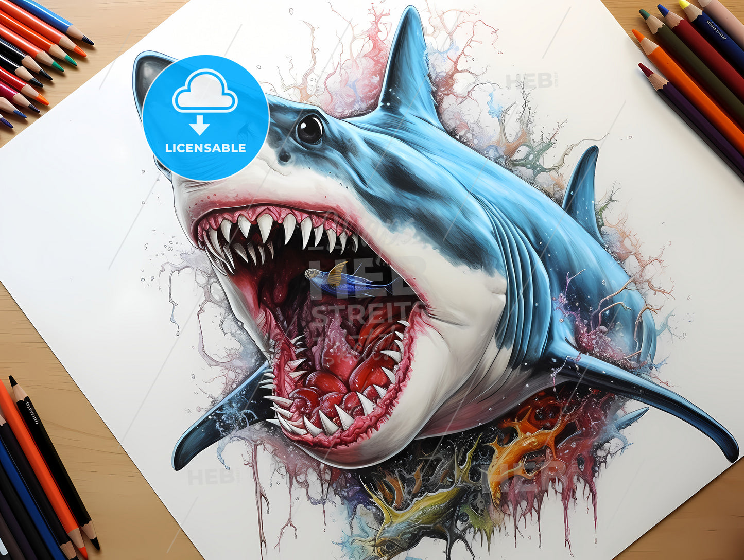 A Drawing Of A Shark With A Fish In Its Mouth