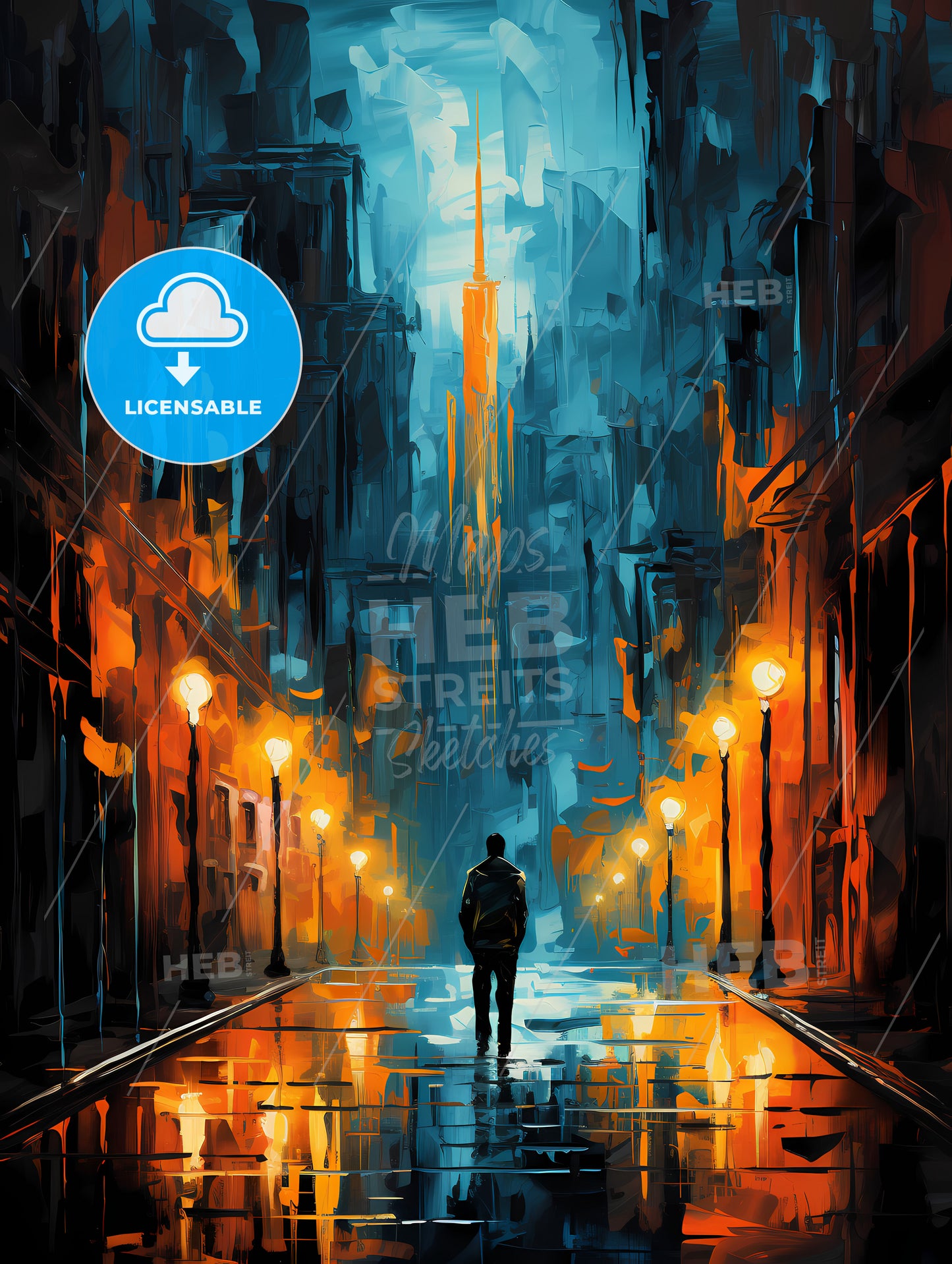 A Person Walking Down A Street With Street Lights