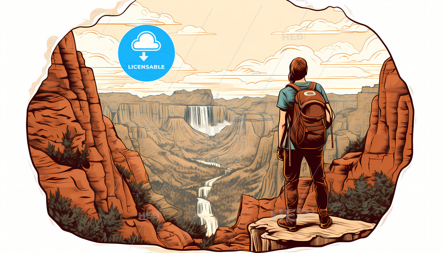 A Man Standing On A Cliff Looking At A Waterfall