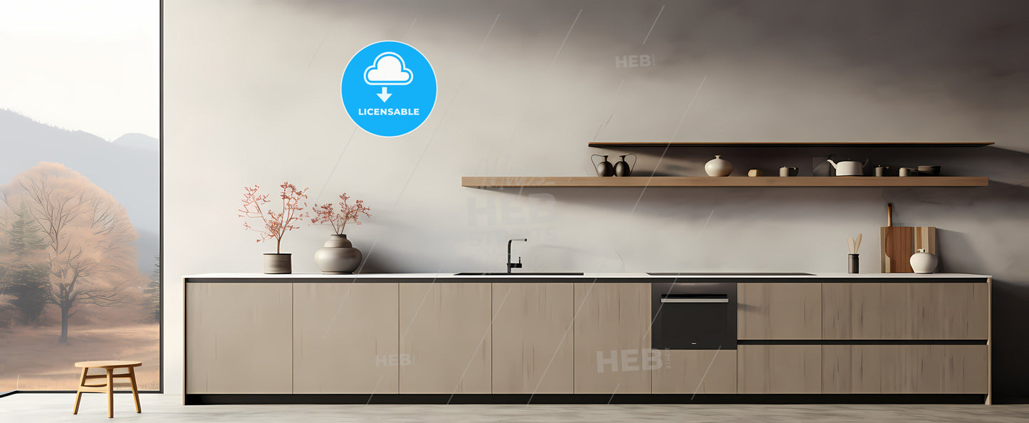 A Kitchen With A Sink And A Shelf