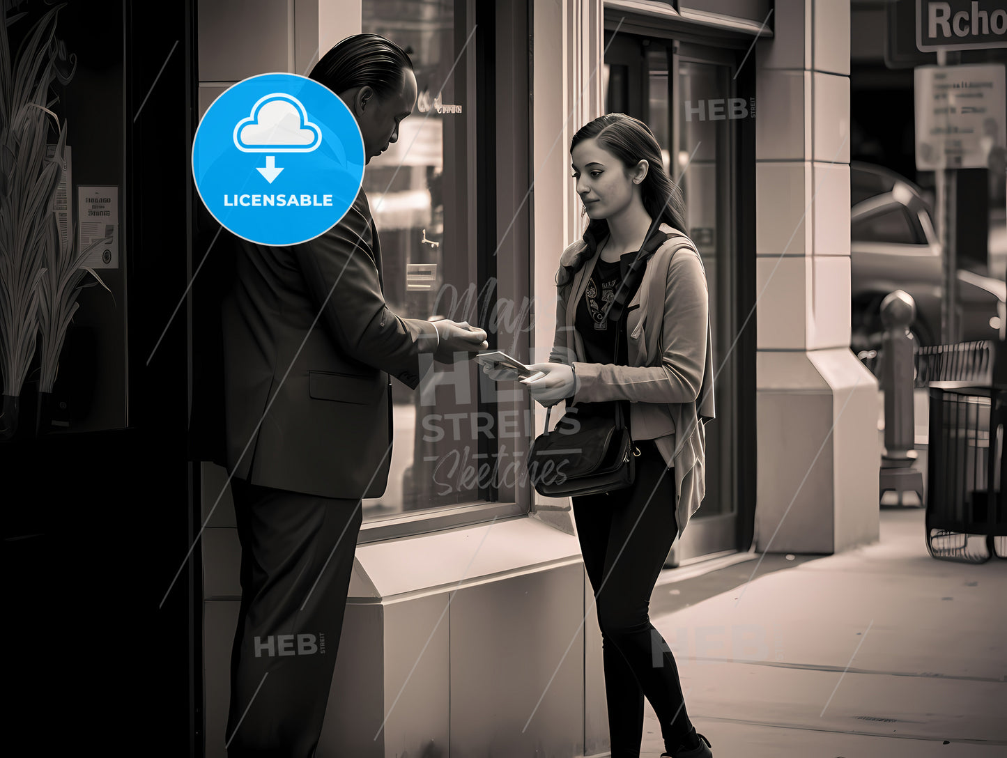 A Man And Woman Standing On A Sidewalk