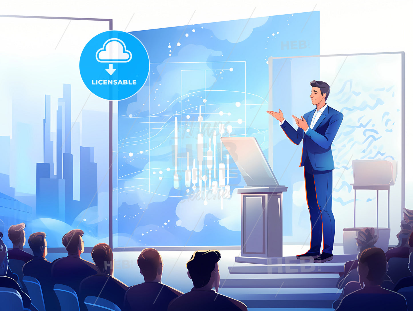 A Man Standing In Front Of A Screen With A Screen And A Group Of People