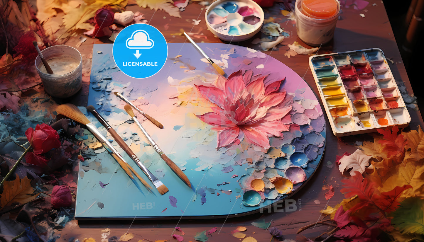 A Painting Of A Flower With Paint Brushes And Palettes