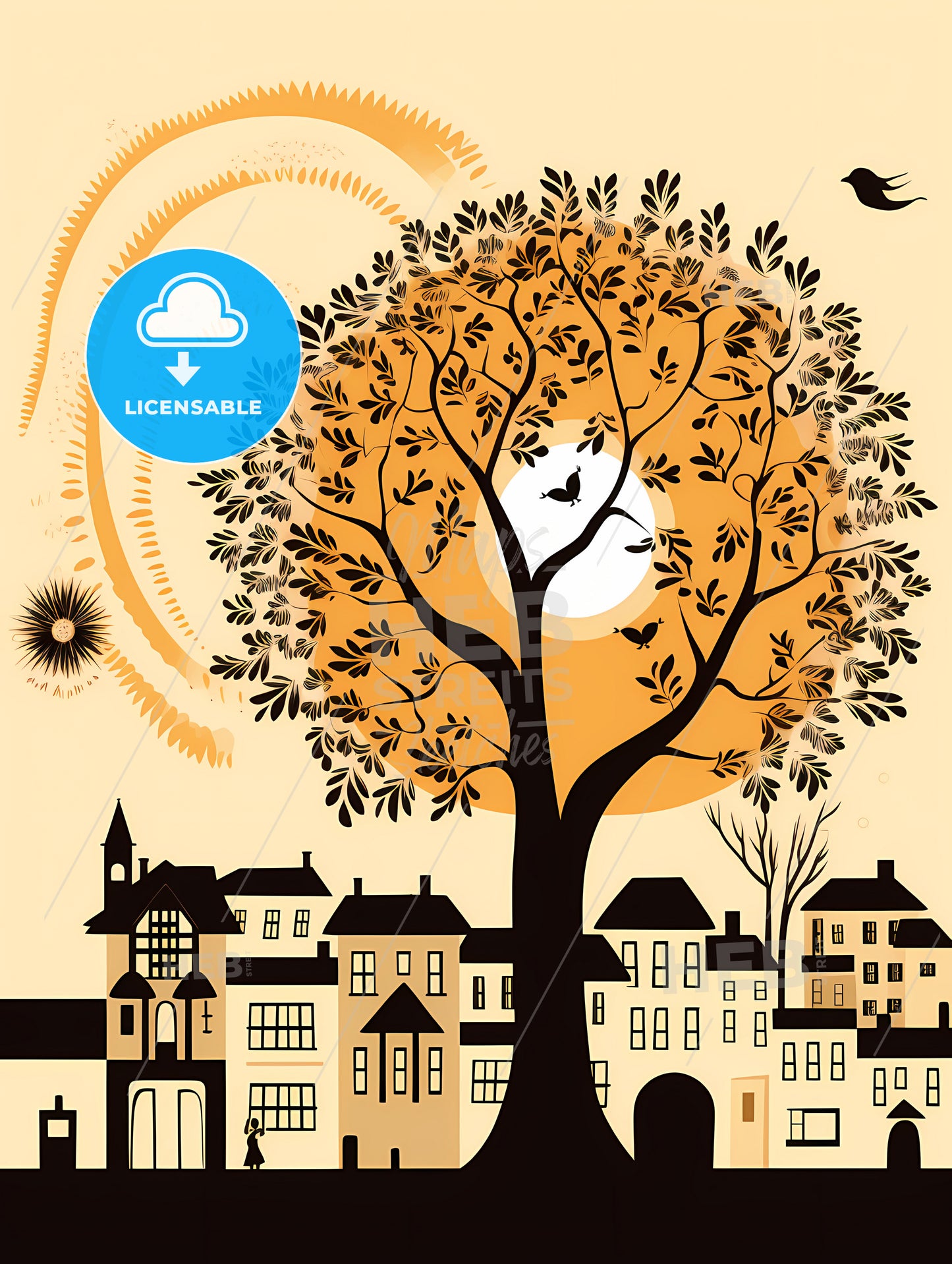 A Tree With Birds And Sun In The Background