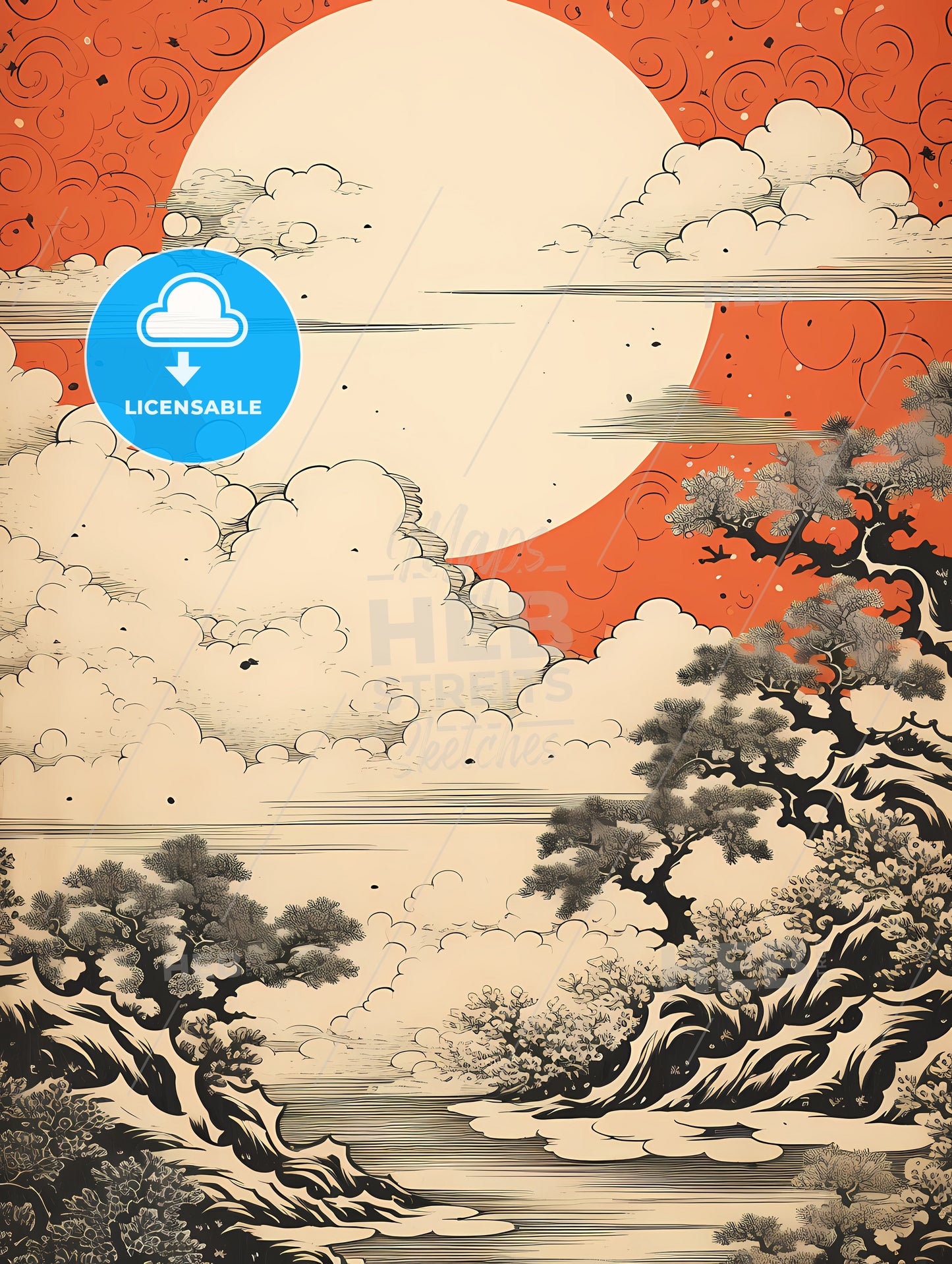 A Painting Of Trees And Clouds
