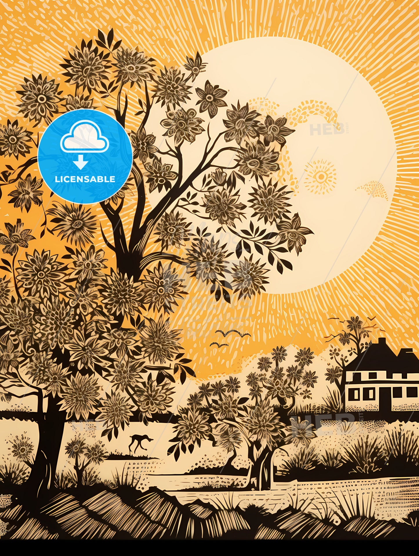 A Tree With Flowers And A House In The Background