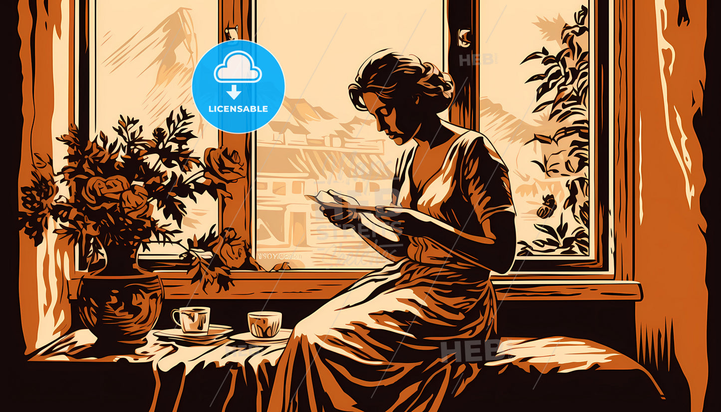 A Woman Sitting On A Window Sill Reading A Book