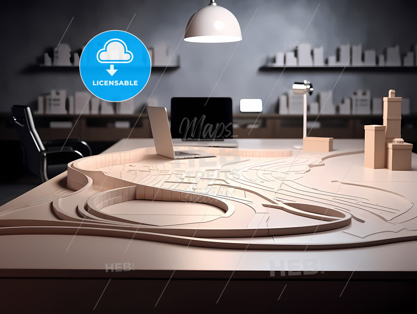 A Desk With A Laptop And A Model Of A Road