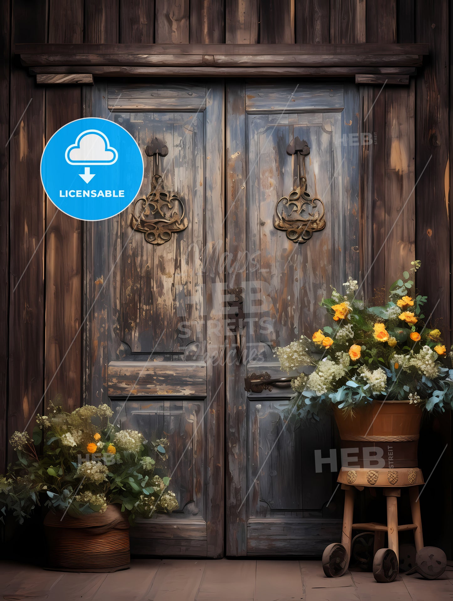 A Wooden Door With Flowers In It