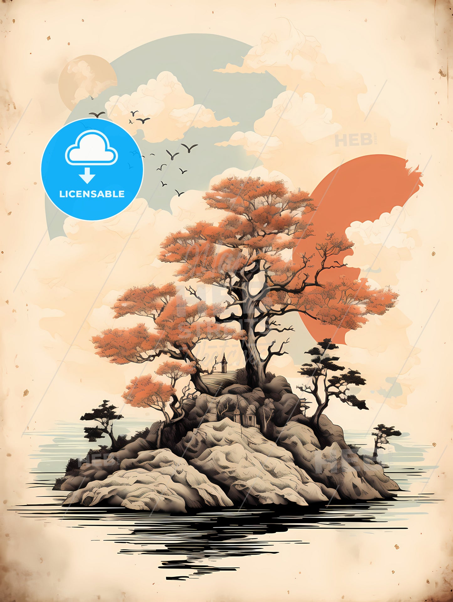 A Painting Of A Tree On An Island