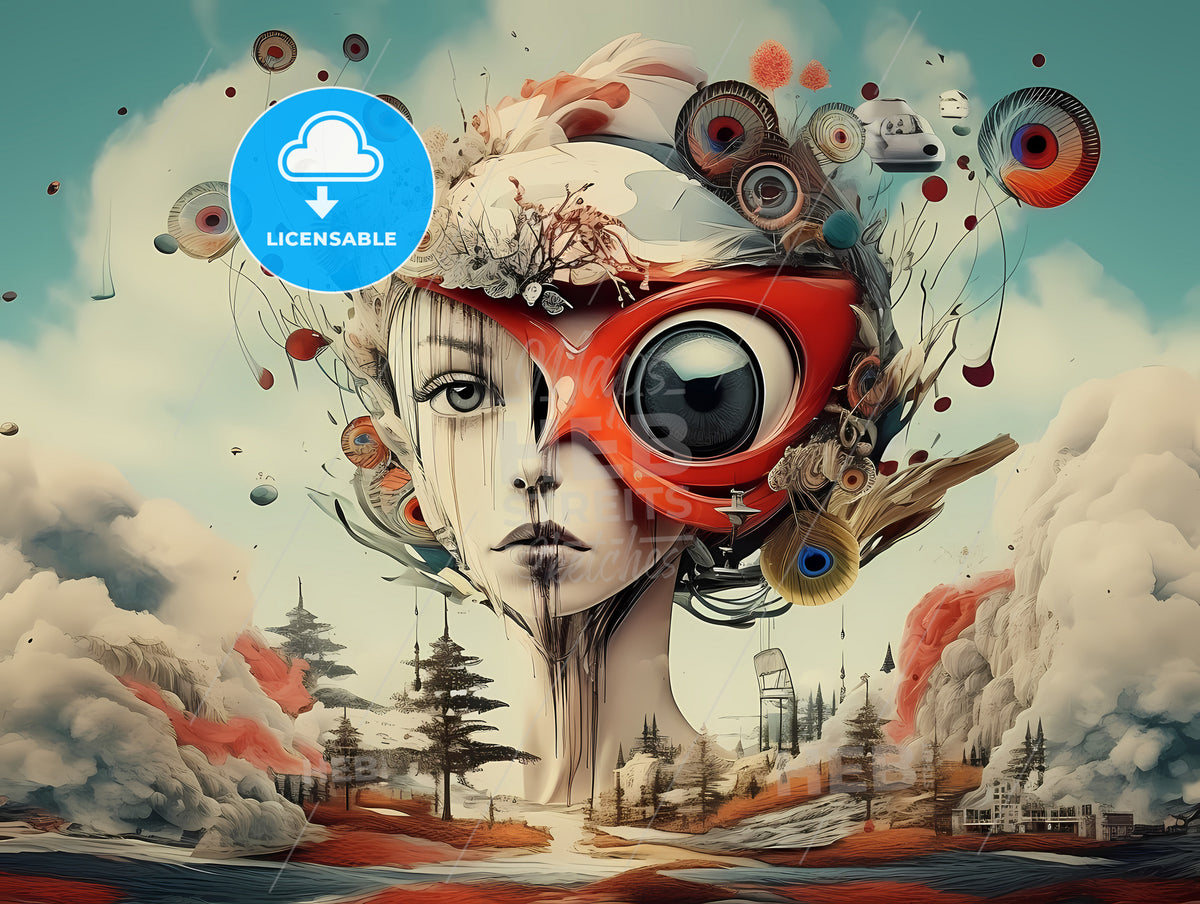 A Digital Art Of A Woman's Face With A Mask