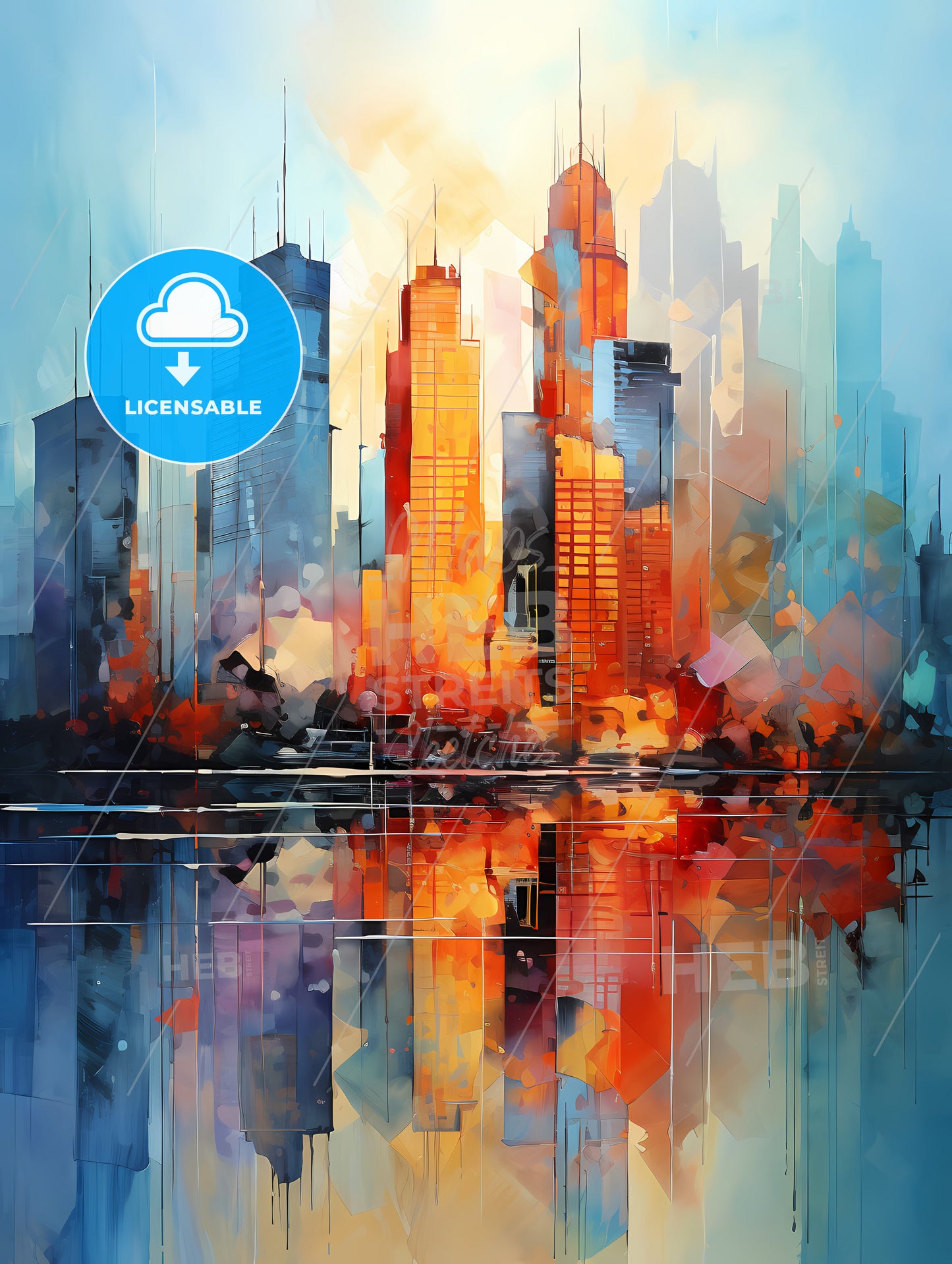 A Painting Of A City With A Reflection Of Water