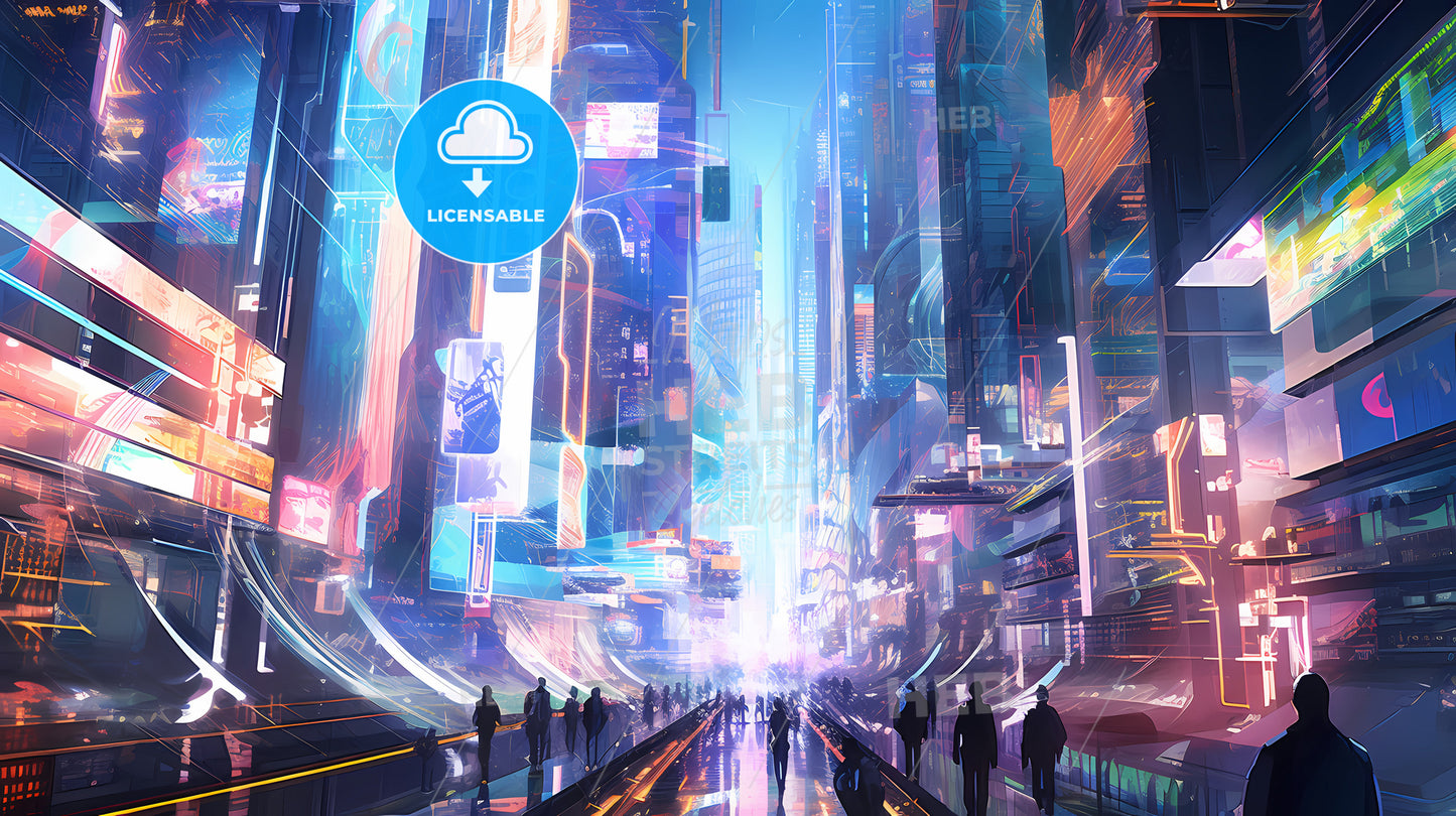 A Group Of People Walking Down A Street In A City