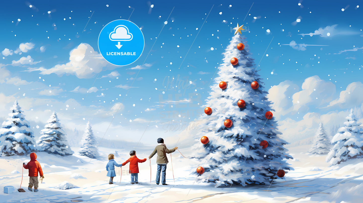 A Man And Children Standing In Front Of A Christmas Tree