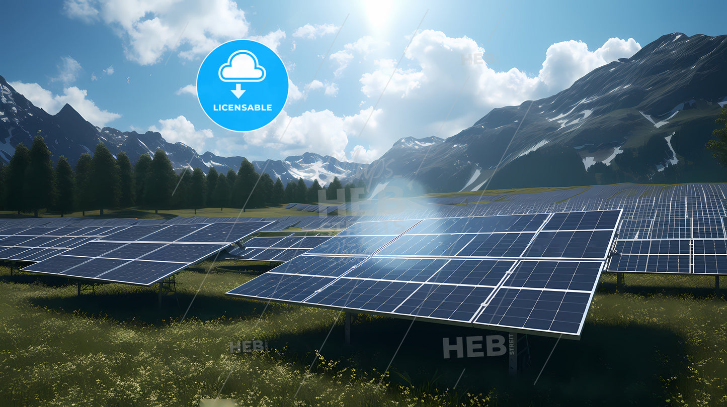 Solar Panels In A Field With Mountains In The Background