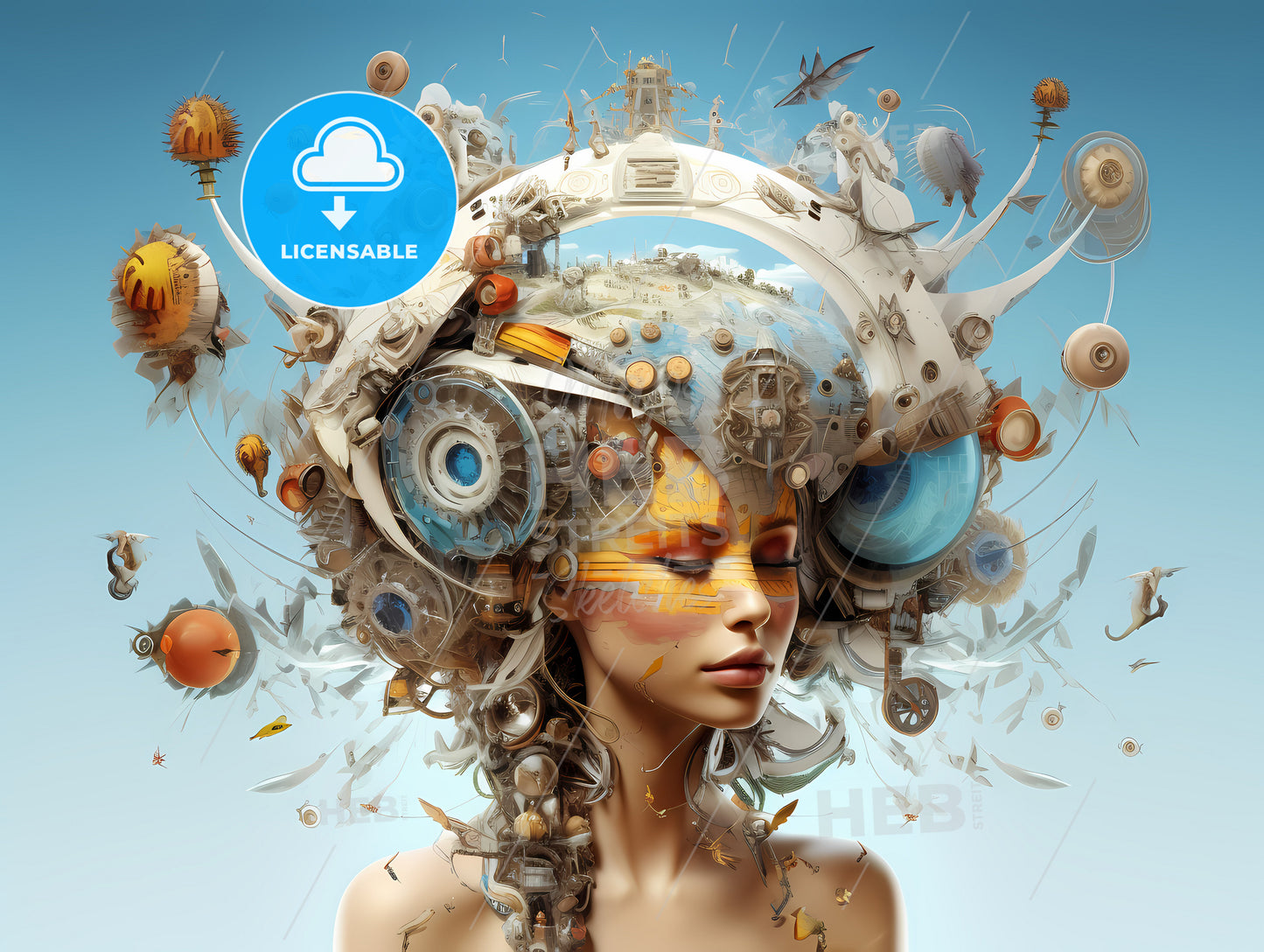 A Woman With A Large Head With A Large Head With Many Objects Around Her