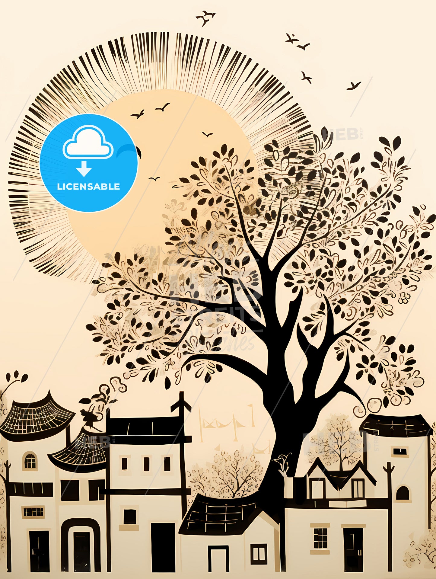 A Tree And Buildings With Birds And Sun