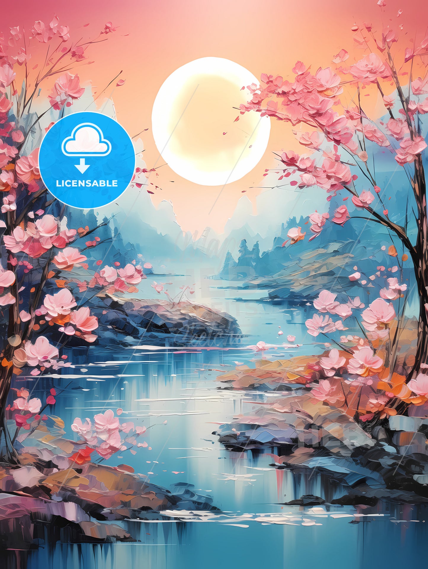 A Painting Of A River With Pink Flowers