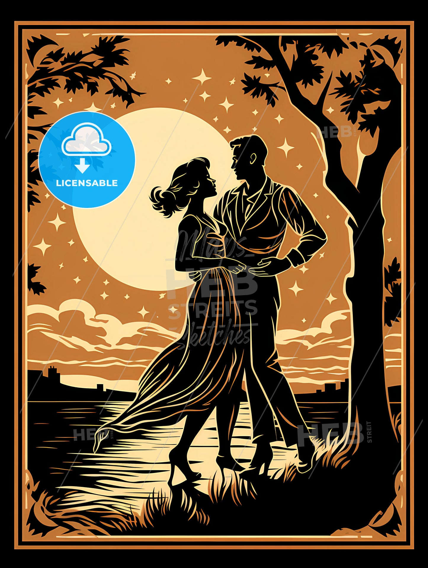 A Man And Woman Dancing Under A Moon