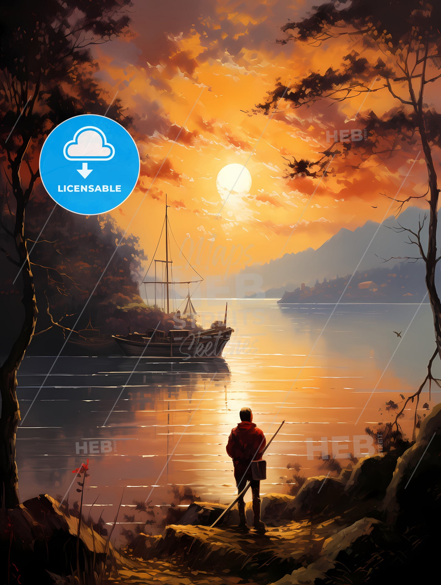 A Man Standing On A Rocky Shore With A Boat In The Water