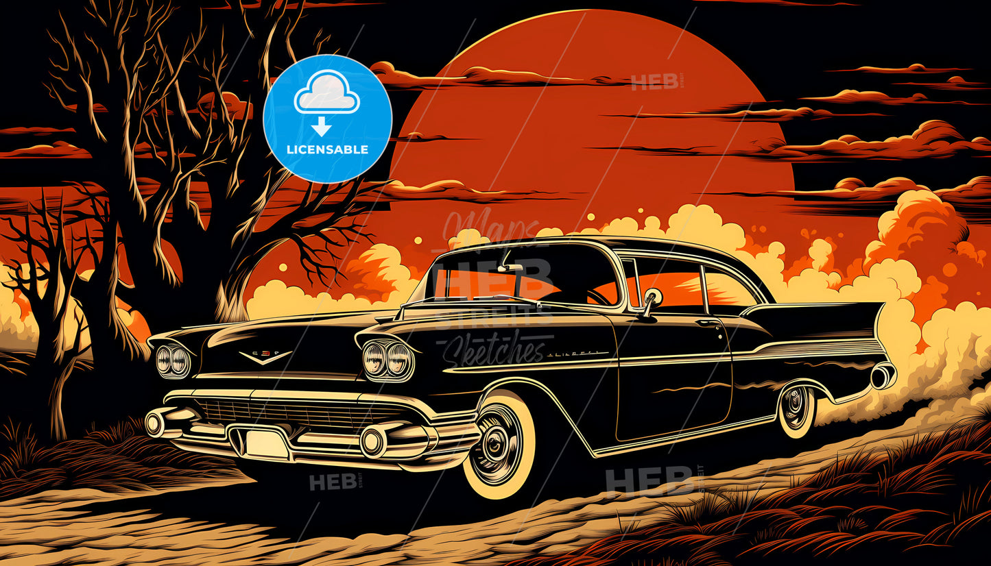 A Car On A Road With A Tree And A Sunset