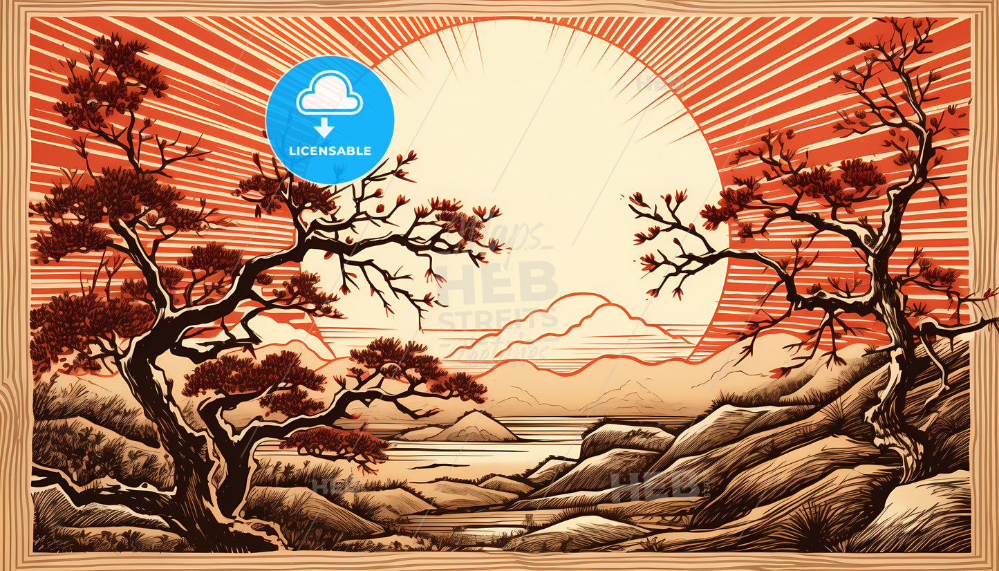 A Landscape With Trees And Mountains And Sun